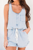 Pocketed Half Button Sleeveless Denim Romper