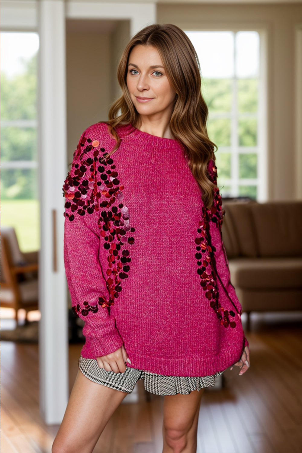 Sequin Round Neck Long Sleeve Sweater