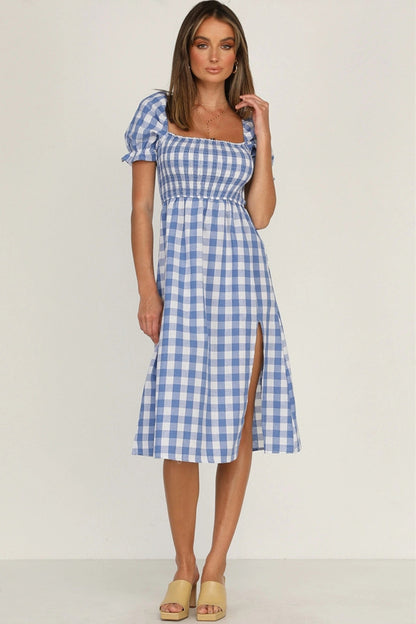 Full Size Slit Plaid Short Sleeve Midi Dress