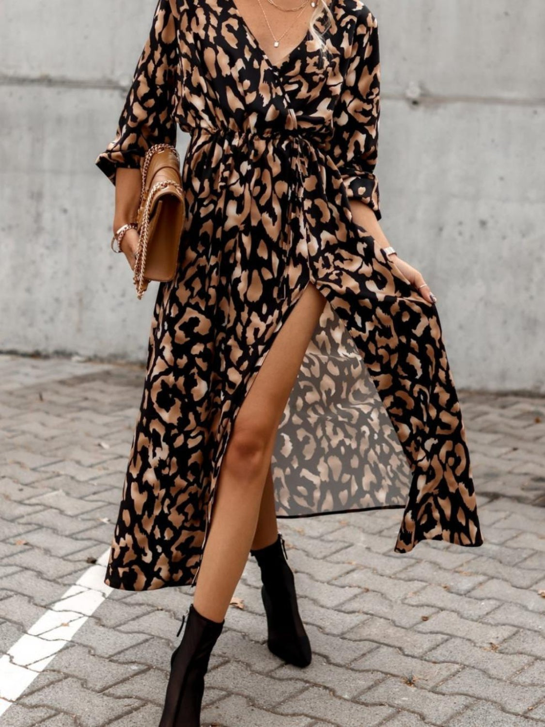 Slit Printed Surplice Long Sleeve Dress