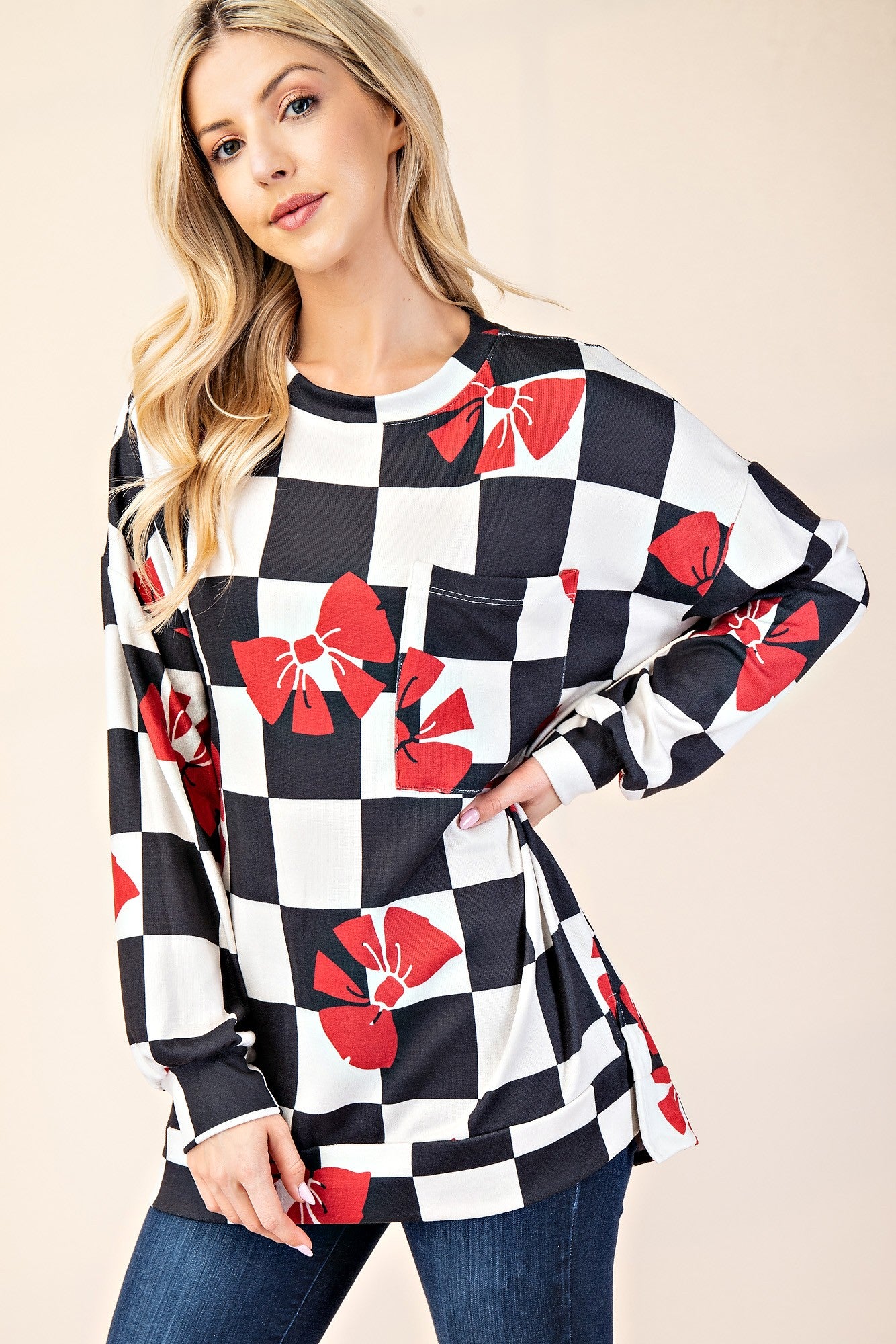 Celeste Full Size Checkered Bow Print Round Neck T-Shirt