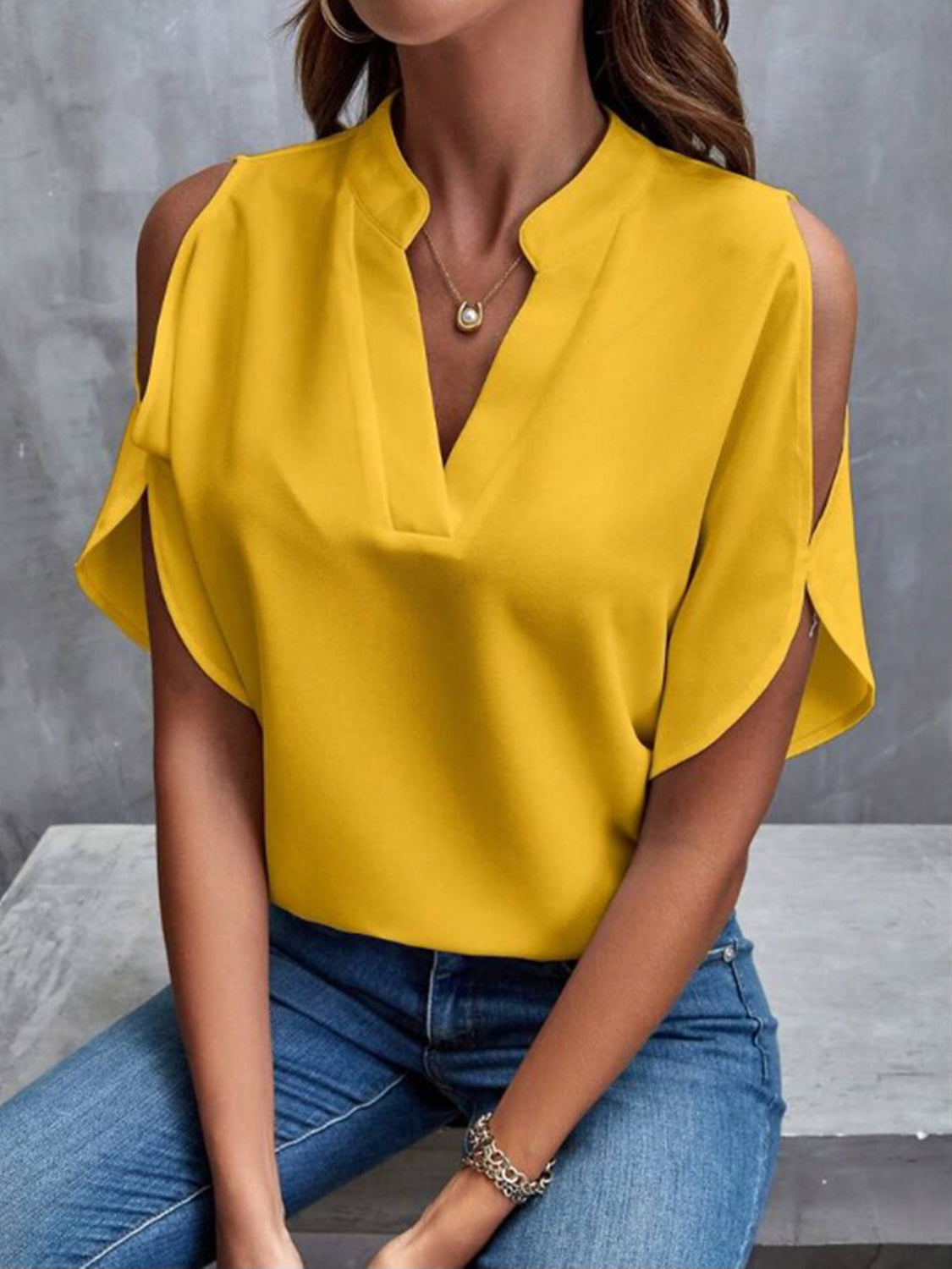 Notched Cold Shoulder Half Sleeve Blouse