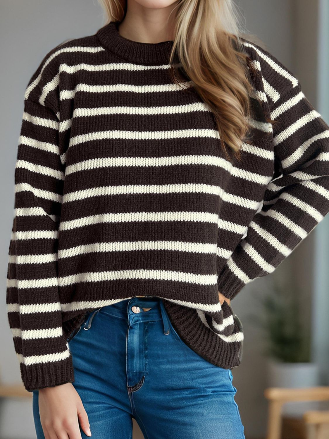 Striped Round Neck Long Sleeve Sweater