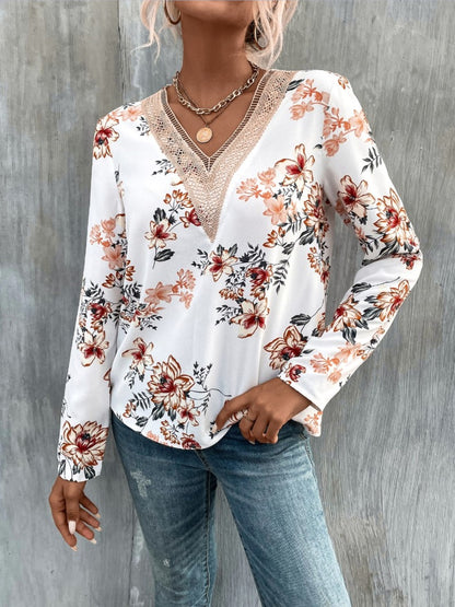 Printed V-Neck Long Sleeve Blouse