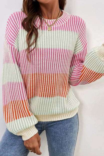 Striped Color Block Round Neck Long Sleeve Sweater