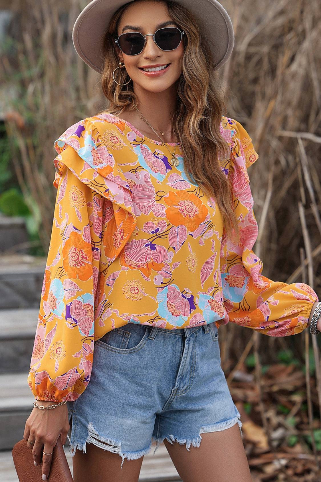 Floral Round Neck Ruffled Blouse