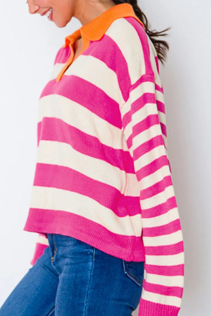 Contrast Stripes Johnny Collar Long Sleeve Sweater