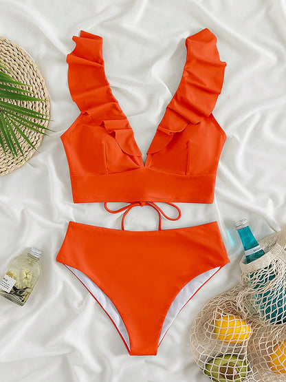 Ruffled V-Neck Sleeveless Two-Piece Swim Set