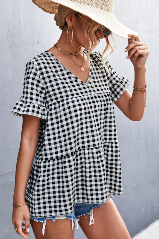 Plaid V-Neck Short Sleeve Blouse