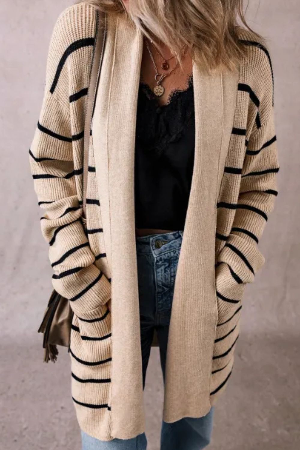 Striped Open Front Long Sleeve Cardigan