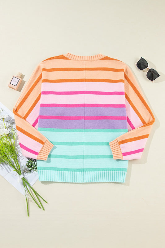 Contrast Striped Round Neck Long Sleeve Knit Top