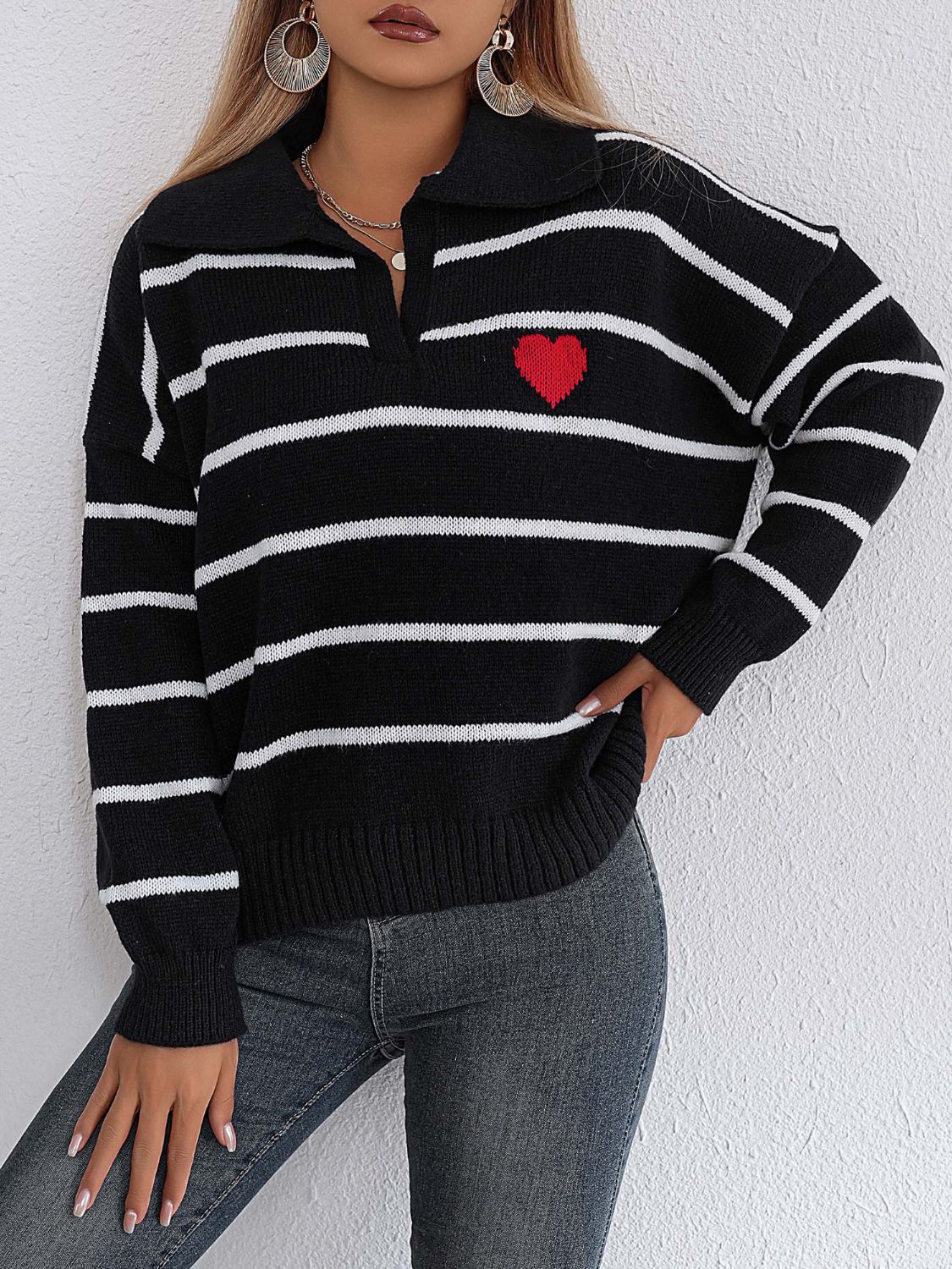 Striped Johnny Collar Long Sleeve Sweater