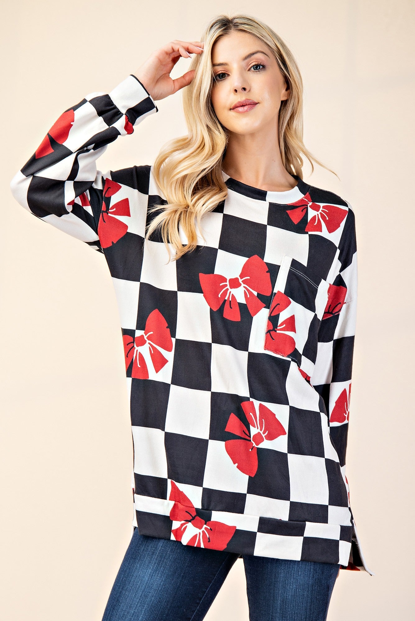 Celeste Full Size Checkered Bow Print Round Neck T-Shirt