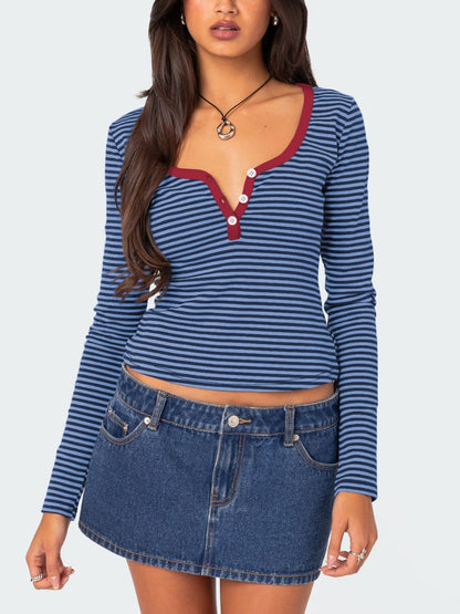 Buttoned Striped Long Sleeve T-Shirt