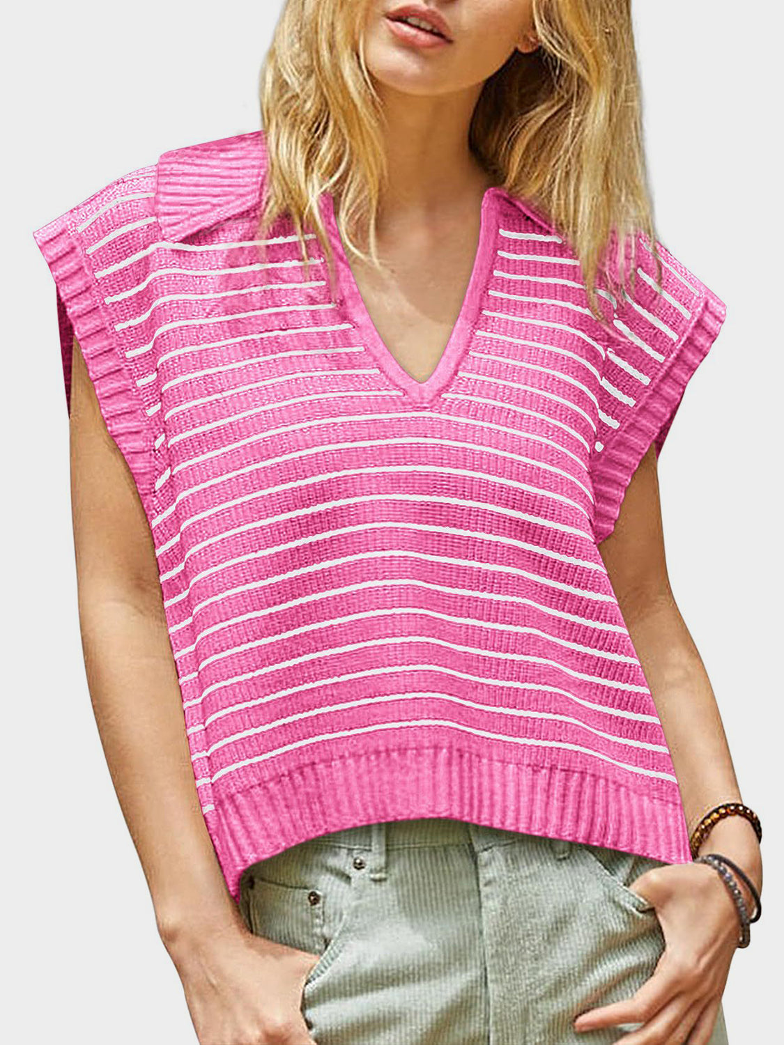 Mandy Collared Neck Striped Sweater Vest