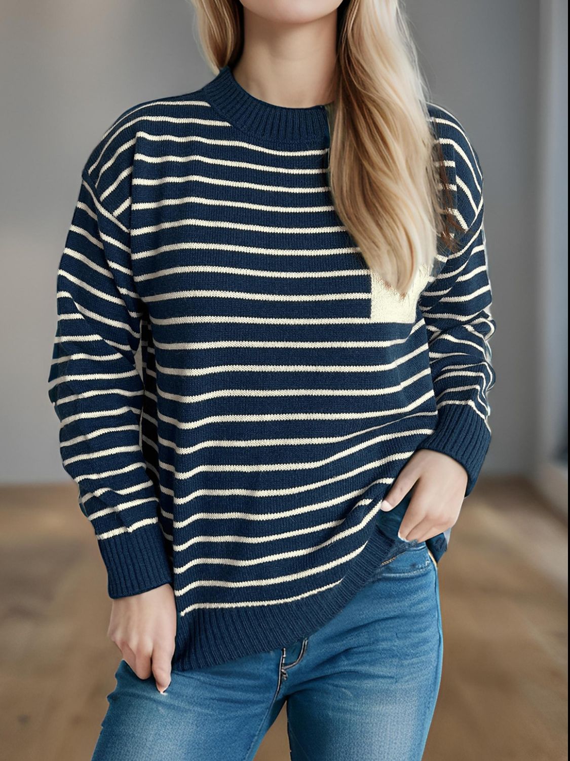 Striped Mock Neck Long Sleeve Sweater