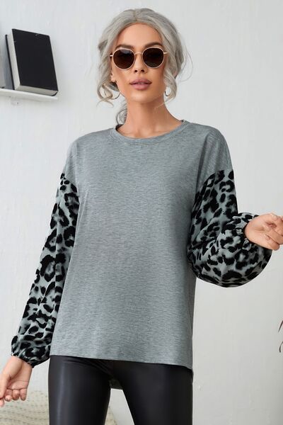 Leopard Round Neck Dropped Shoulder T-Shirt