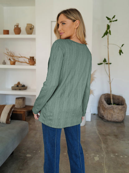 Slit Round Neck Long Sleeve T-Shirt