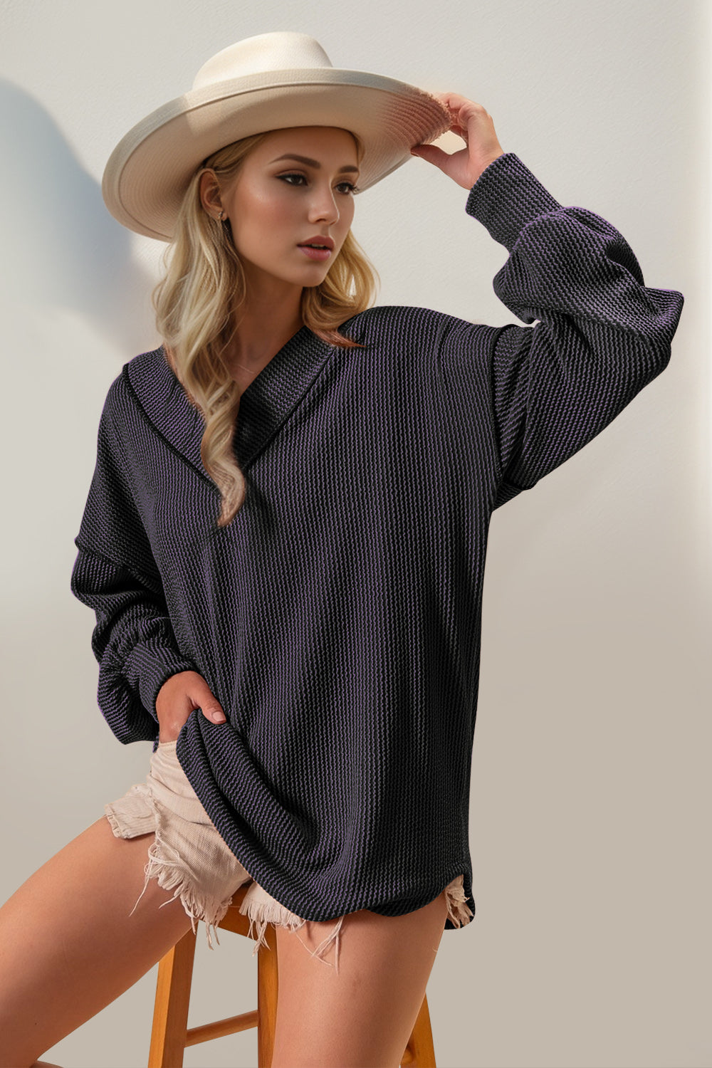 Double Take Exposed Seam Ribbed Textured V-Neck Long Sleeve T-Shirt