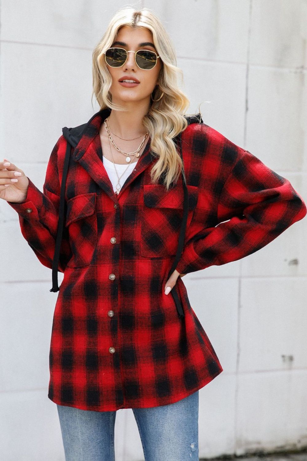 Drawstring Plaid Long Sleeve Hooded Shacket