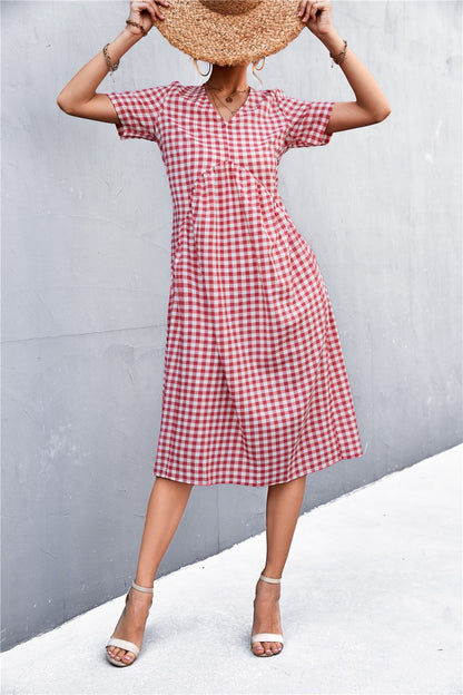 Plaid V-Neck Short Sleeve Dress