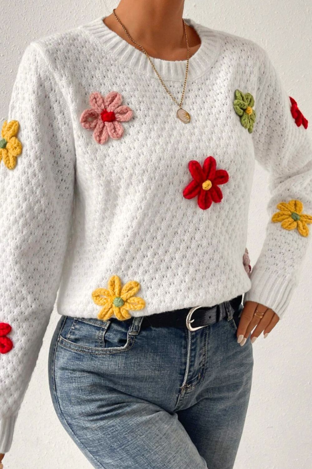 Crochet Flower Round Neck Long Sleeve Sweater