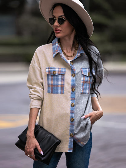 Shiny Plaid Contrast Drop Shoulder Shacket