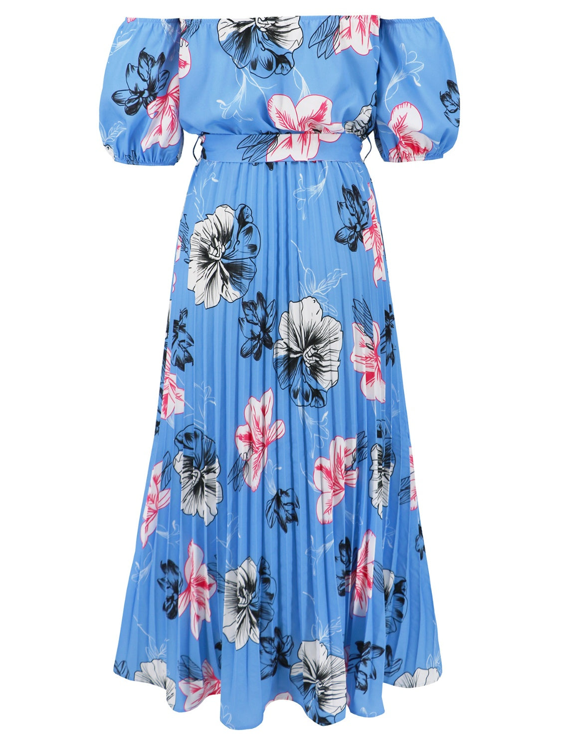 Pleated Floral Off-Shoulder Short Sleeve Midi Dress