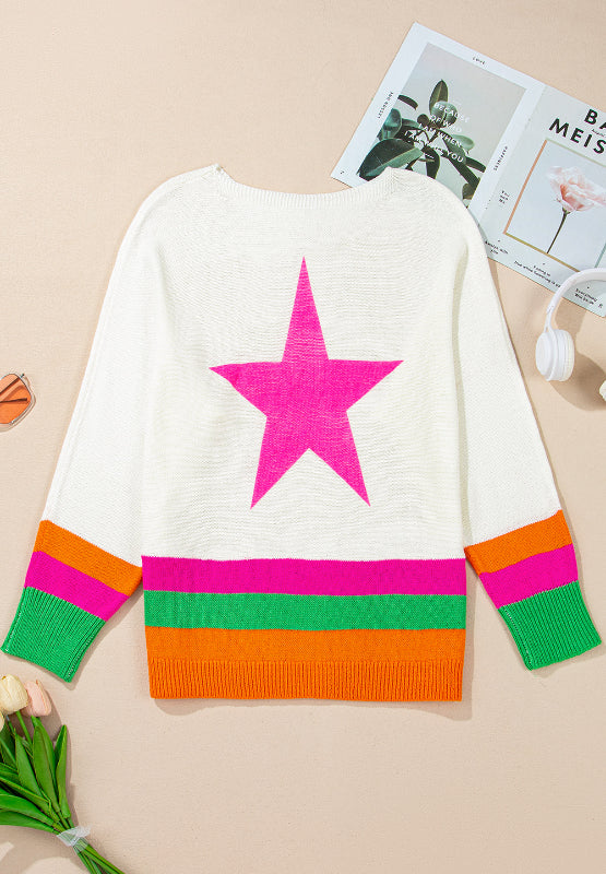 Star Contrast Round Neck Long Sleeve Knit Top