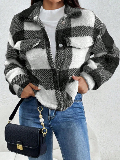 Decorative Pocket Flap Plaid Long Sleeve Jacket