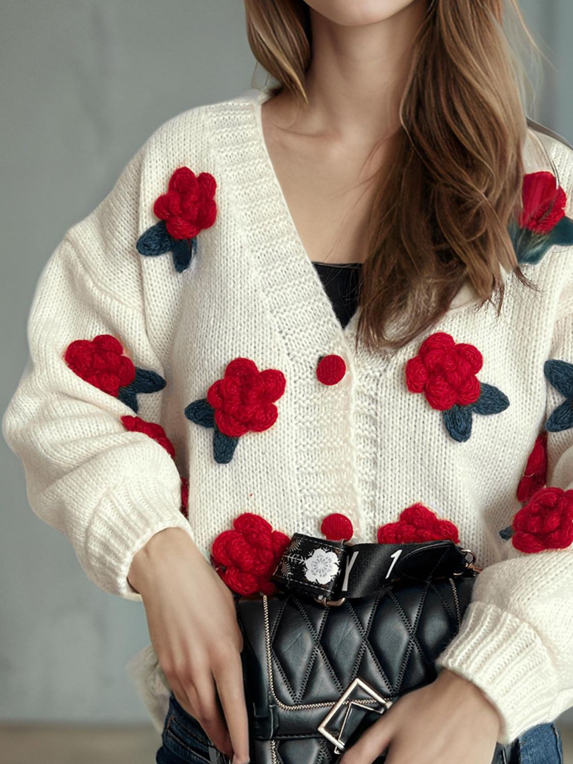 Flower Button Down V-Neck Long Sleeve Cardigan