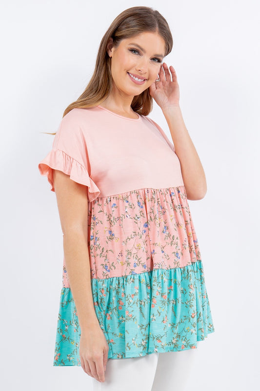 Celeste Full Size Floral Color Block Ruffled Short Sleeve Top