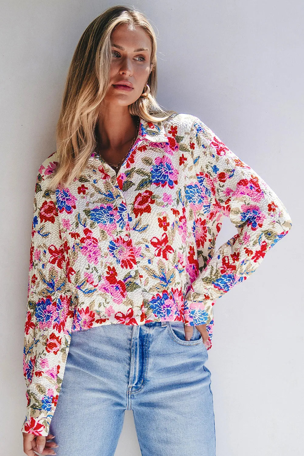 Floral Collared Neck Long Sleeve Shirt