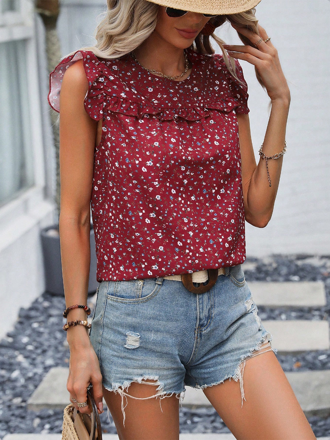 Ruffled Printed Round Neck Cap Sleeve Blouse