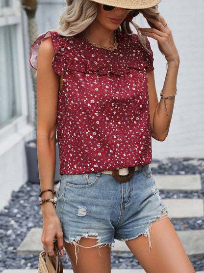 Ruffled Printed Round Neck Cap Sleeve Blouse