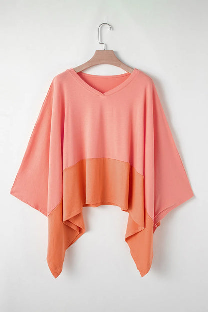 Contrast V-Neck Batwing Sleeve Blouse