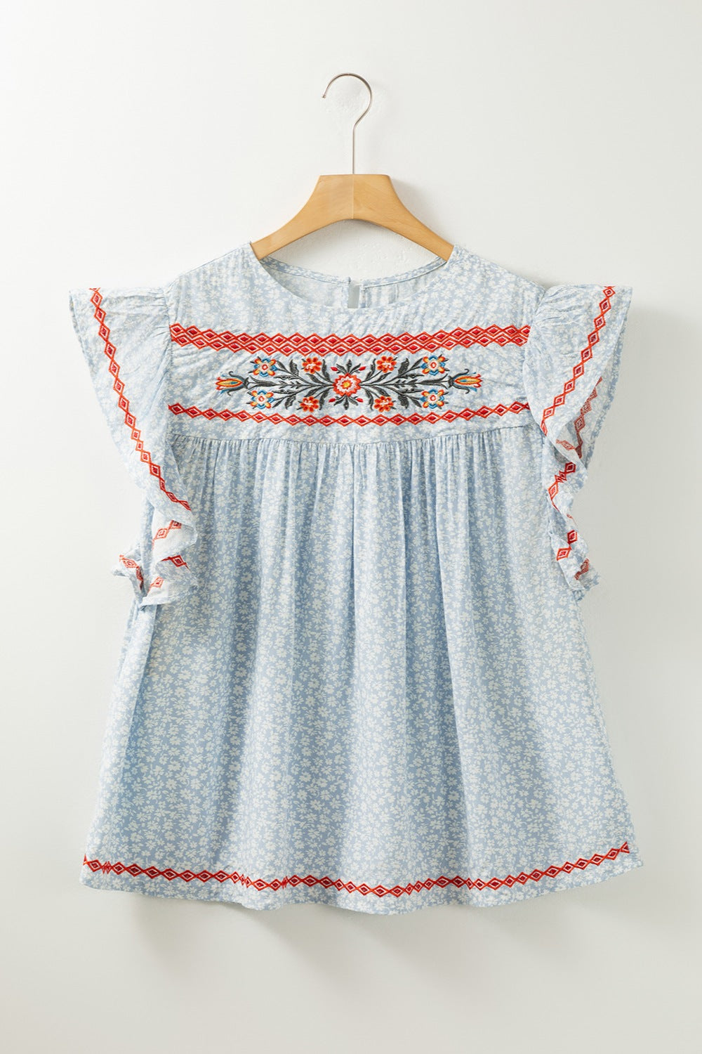 Embroidered Round Neck Cap Sleeve Blouse