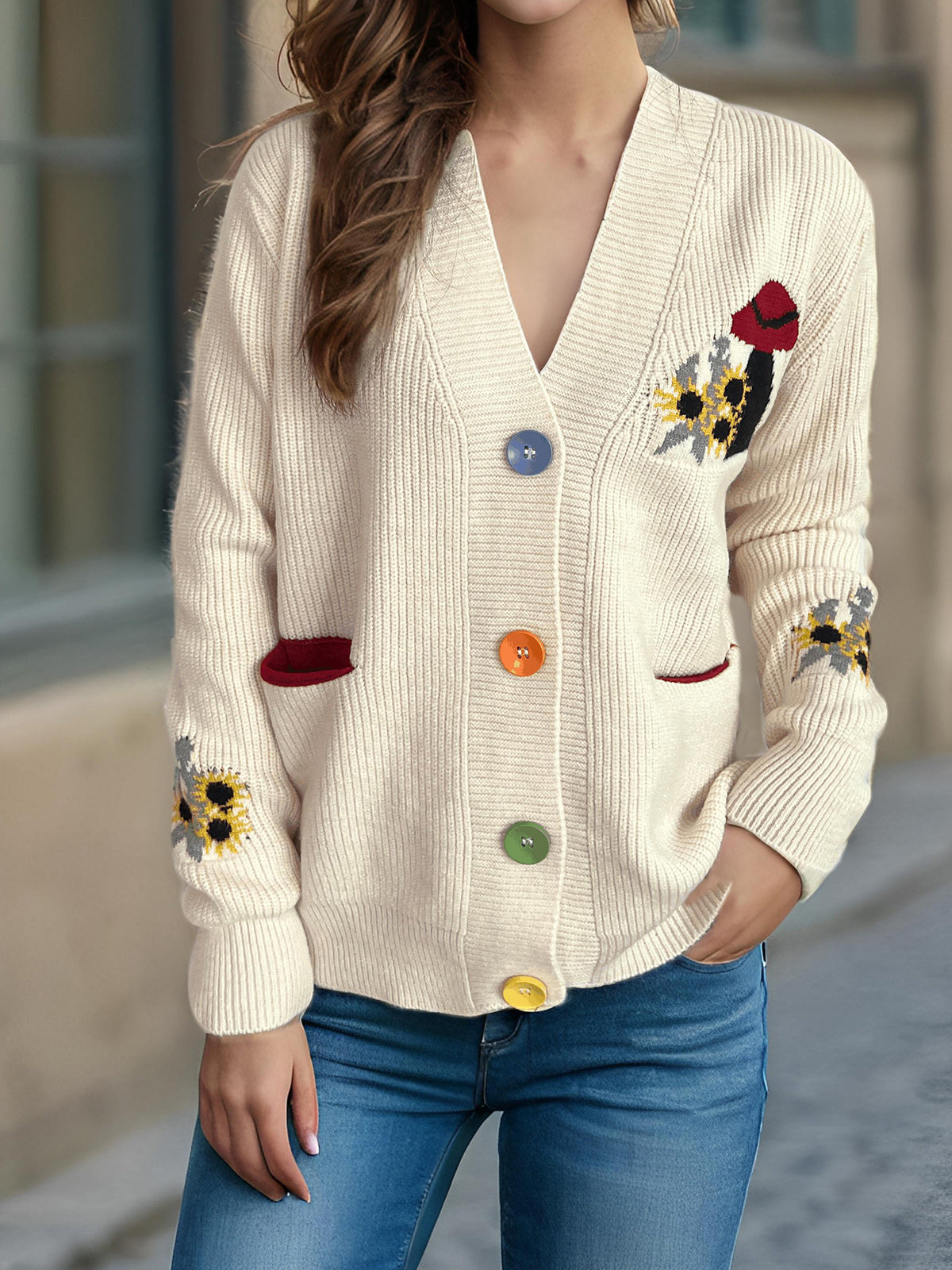 Contrast Button V-Neck Long Sleeve Cardigan