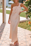 Ruched Single Shoulder Sleeveless Maxi Dress