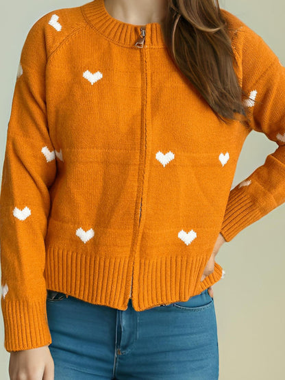 Heart Round Neck Zip Up Cardigan