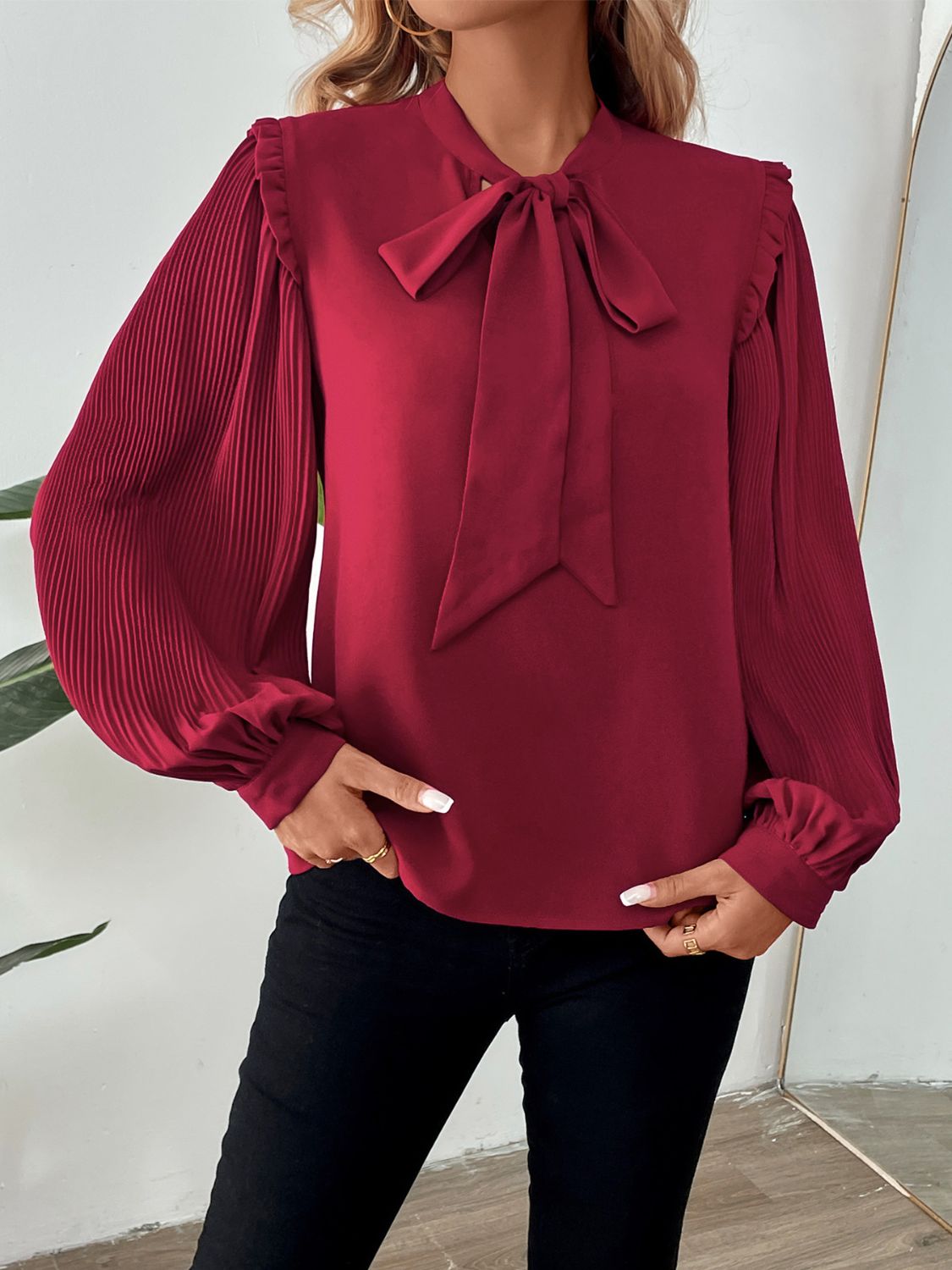 Perfee Frill Tie Neck Long Sleeve Blouse