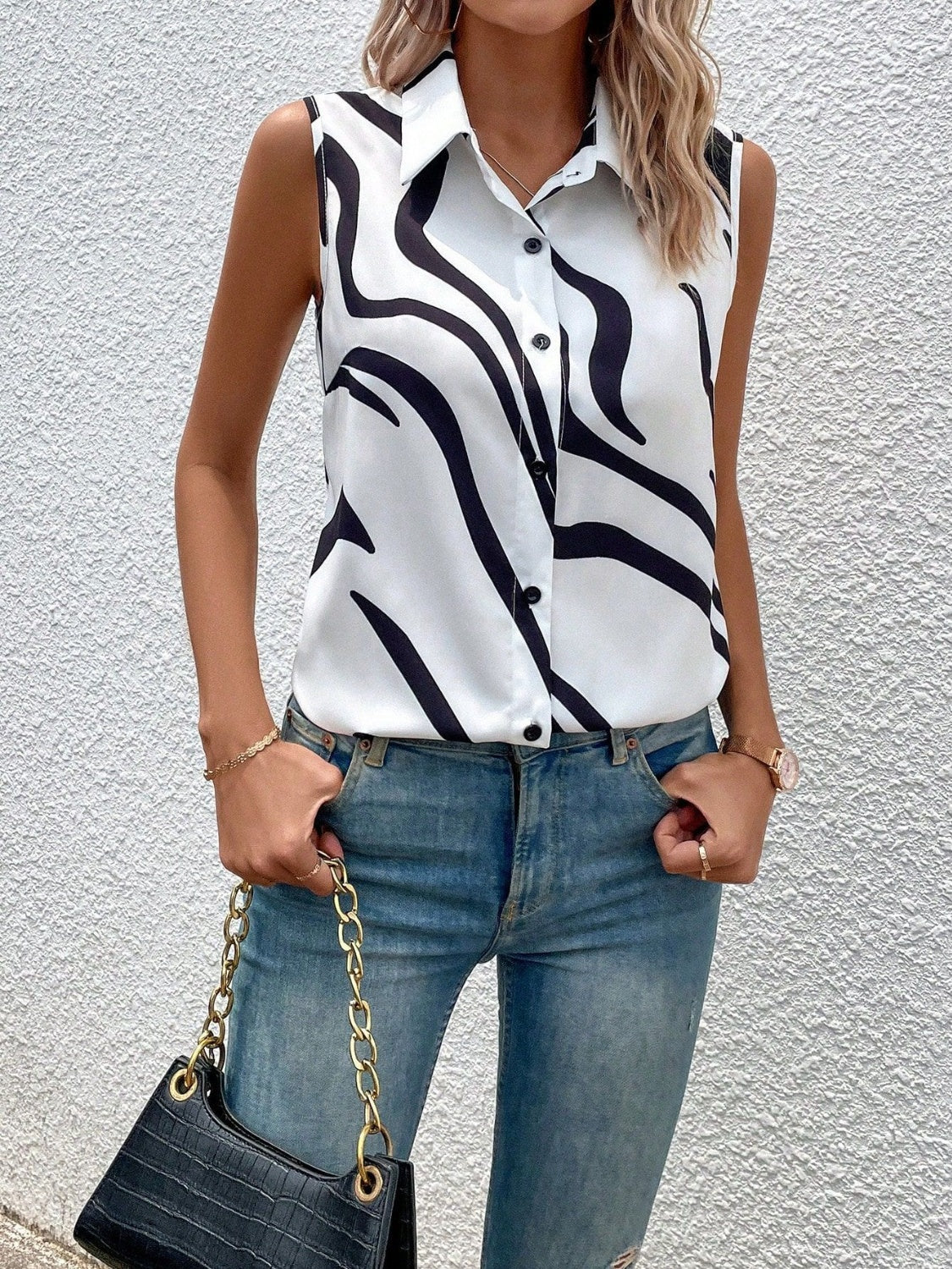 Button Up Printed Collared Neck Top