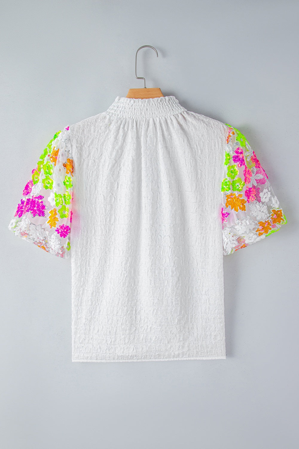 Sequin Flower Mock Neck Half Sleeve Blouse