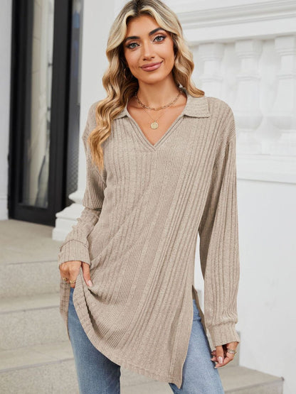 Slit Johnny Collar Long Sleeve T-Shirt