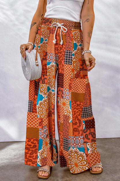 Full Size Drawstring Printed Wide Leg Pants