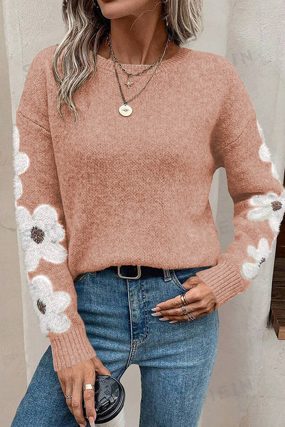 Flower Round Neck Long Sleeve Sweater