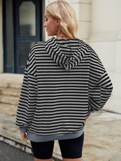 Drawstring Contrast Striped Long Sleeve Hoodie