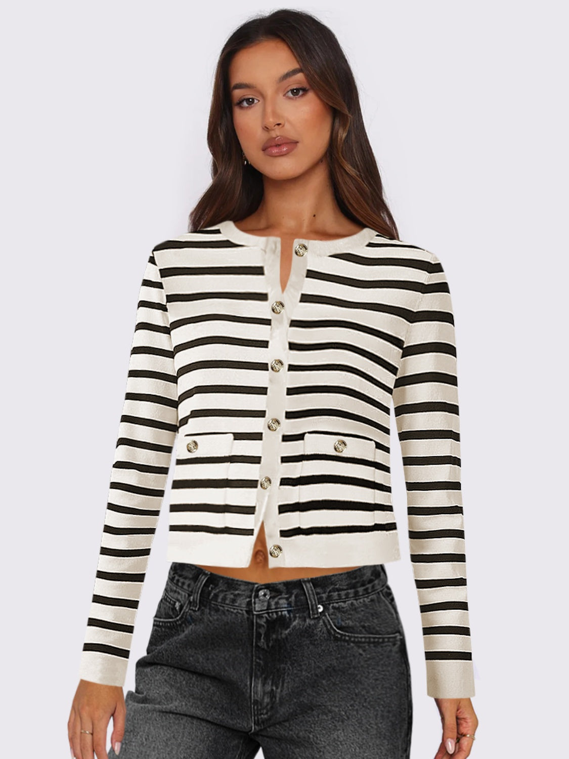 Striped Round Neck Button Up Long Sleeve Cardigan