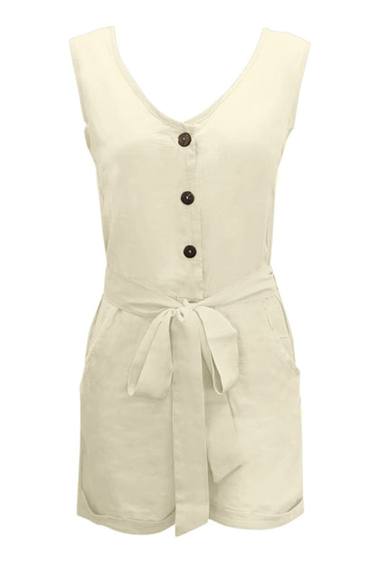 Full Size Tied V-Neck Sleeveless Romper with Pockets