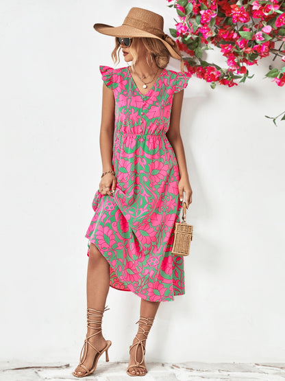 Printed V-Neck Cap Sleeve Dress